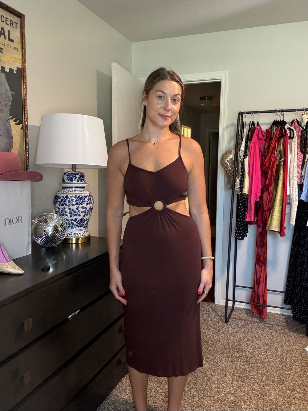 Women's Ribbed Cutout Midi Dress in Deep Brown